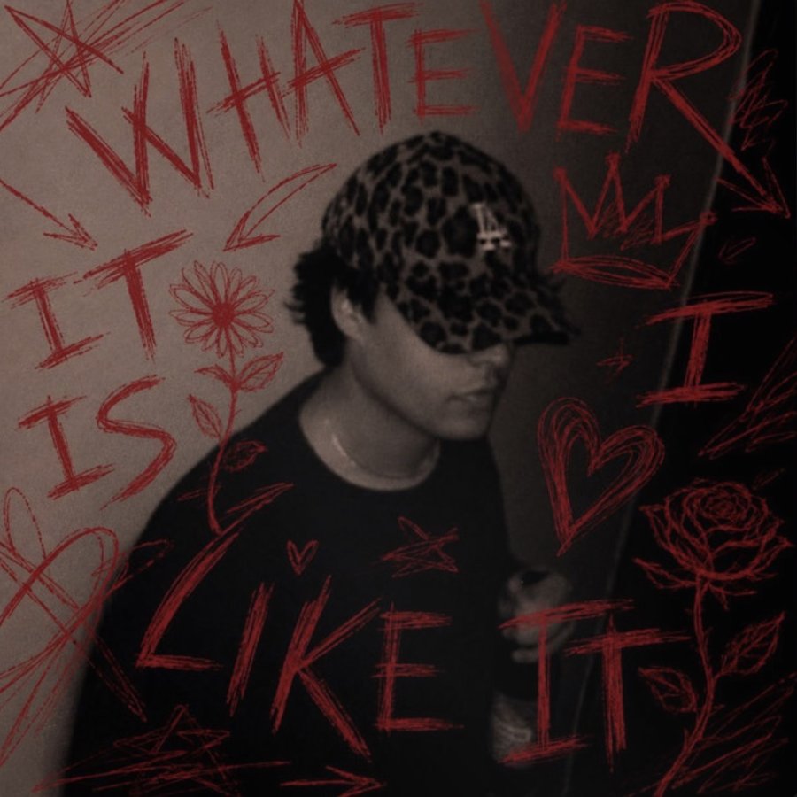 Cover of the EP Whatever It Is I Like It: Ben in a leopard-print cap with hand-drawn red lettering, roses and hearts